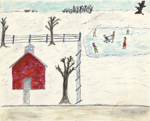 A group of six children play on a frozen pond on the right. The Dunham School and trees appear inside a fence on the left, and the ground is covered with snow. The school has a bell tower and door. More trees and buildings are along the horizon.<p>The following is a recollection by the creator: "Ice Skating at Dunham School. One cold and dark March afternoon, we were skating on the pond beyond the fence in the field of the Duesterbeck farm. Suddenly I yelled across the ice to Bob, who was making a turn on the other side of the pond: “Bob loves Pearl!” This immediately caught Bob’s attention. He skated toward me at a fast clip and threw me down on the ice. My leg broke sharply in two places. Carefully tended by my mother, I spent the next six weeks at home on the sofa. On dark winter days for years to come, my aching leg reminded me of Bob and Pearl and the love I attributed to them."
