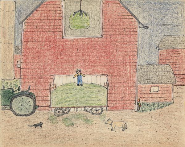 A man stands on top of a full hay wagon parked in front of the closed door of a red barn. Above the man a grappling hook full of hay can be seen through the open door to the hayloft. A green tractor pulling the wagon is on the left. A dog and cat face each other in the barnyard. A silo and other farm buildings are in the background on the left and right.<p>The following is a recollection from the creator. "Hay into the Barn. By June the hay was ready for its first cutting. The smell of freshly cut clover would spread over the fields as bees buzzed about gathering pollen. As the hay was cut, it would fall into neat rows behind the mower. Sometimes this ended tragically when the harsh mower cut off the legs of a young rabbit. After allowing the hay to lie in the fields for a day or two to dry, we would stack the wagon high with hay. Inevitably, some of it would drop from the hay loader as it was drawn behind the wagon across the fields. After pulling the wagon to the barn, we unloaded the hay into the mow."
