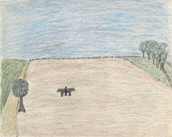 An elevated view of a man on a tractor harrowing a field on a hillside. A road and field run along the left side and a small field and trees appear on the right. A fence runs along the field in the background, and there is one tree on the left. Blue sky fills the horizon.<p>The following is a recollection from the creator: "Dragging in the Field. Some of the fields had been plowed during the fall before the snows came. The soft, moist soil in these fields was ready for tilling. The other fields needed to be plowed and disked, and corn stalks and oat stubble had to be turned. At the beginning of preparing the fields, the soil often turned to mud, sticking to the cleats on the huge rear tires of the tractor and dropping off in the driveway as the tractor was driven back from the field. Gradually the land dried in the warm sun, and dust would rise as the fields were worked. Ralph and I would hurry home from school each afternoon to complete the dragging and disking of the fields. Looking over the hood of the green Oliver tractor as I pulled the drag from one end of the field to the other, I would feel small against the long horizon. I sang at the top of my voice as I steered the wheel with the palm of my hand, turning to begin another round."
