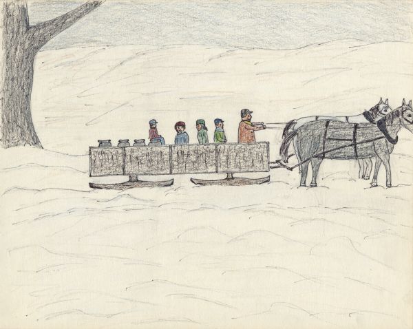 Four children ride in the box of a horse-drawn sled along with four milk cans. The driver holds the reins of the two horses. One child is perched on a can. Snow covers the ground and the hills in the background, and there is a tree on the left.<p>The following is a recollection from the creator: "Sleigh to School. Winter furnished us with the greatest adventures of travel to and from school. There were days of walking in knee-deep snow, and arduous journeys through the stark, silent woods. The highlight of travel was to ride on the bobsleigh. A snowfall of two or three feet meant that the milkman would not be able to make it down the road to the farm. Our father would have to get the cans of milk up to the main road, a distance of over a mile. He would hitch the two white workhorses to the long bobsleigh and would load in the milk cans. Ralph and I would pile in; our father, dressed in his wool-lined coat, would take the reins, and with the breath steaming from the nostrils of the horses, we would make our way to the main road. We often had to stop to shovel our way through the deep drifts. On other days, if the snowplow had already cleared the road, we would glide over the packed snow with great style in the one-horse sleigh, bells ringing all the way to school.<p>Arriving at school, we placed our winter coats and boots in the front vestibule, put our lunch pails on the shelf, and sometimes, before sitting down to work, made a treat for our winter lunch, snow mousse. Into a metal container we poured a mixture of sugar, chocolate syrup, eggs and cream, and then bury the container outside in the snow. At noon the mousse would be ready for dessert."