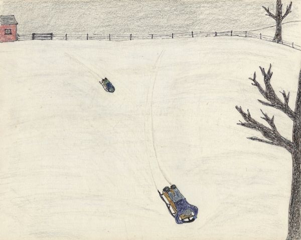 Two boys sled down a snow covered hillside at the farm. Two leafless trees are on the right. Along the horizon is a red building on the left with a fence stretching across to the right.<p>The following is a recollection from the creator: "Sledding at the Farm. East of the barn was the hill that offered the best sledding on winter days.  Ralph and I would take our sleds to the top of the hill, take a belly flop onto our sleds, and slide with great speed down the hill. We would swerve and pass in front of each other. At the bottom of the hill, we would get off our sleds, turn around and walk up the hill again, ready to slide down another time."
