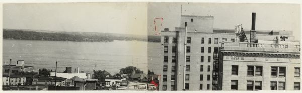 Panoramic elevated view to the southeast from the Capitol Square. The Tenney Building appears behind the original first National Bank that was demolished to make way for what is now Firstar Bank. The Fess Hotel, Sweets Furniture Store and Frautchi Furniture can be seen on the left.