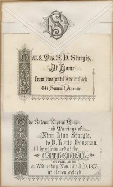 Nina Lynn Sturgis and Hercules Louis Dousman's wedding announcement, "At Home" card and envelope with an "S" and a "D" intertwined on the flap. The ceremony took place in the Cathedral in St. Paul, Minnesota at 11:00 o'clock.