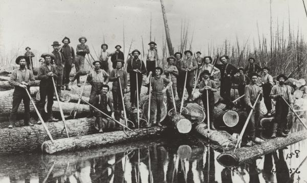 View over water of Michigan lumbering scene, where men roll logs into the river. The group of men are posed holding peaveys and cant hooks or peaveys, tools used to move logs. In the background are bare trees.