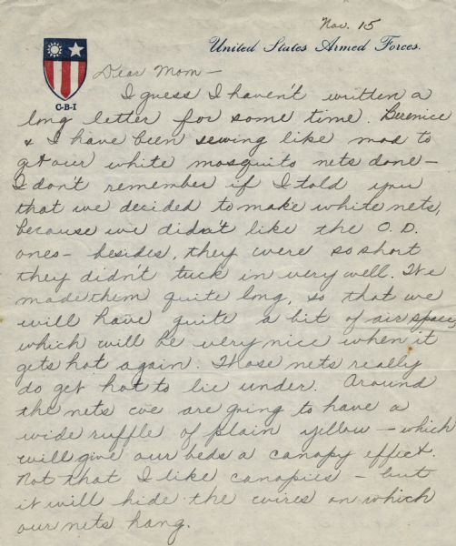The first page of a letter home to her mother from Signe Skott Cooper on United States Armed Forces stationery.