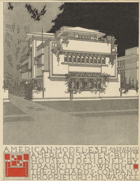Black and red halftone print of the Model Home E3 exterior perspective drawing. Frank Lloyd Wright outlined his vision of affordable housing. He asserted that the home would have to go to the factory, instead of the skilled labor coming to the building site. Between 1915 and 1917 Wright designed a series of standardized "system-built" homes, known today as the American System-Built Houses. By system-built, he did not mean pre-fabrication off-site, but rather a system that involved cutting the lumber and other materials in a mill or factory, then bringing them to the site for assembly. This system would save material waste and a substantial fraction of the wages paid to skilled tradesmen. Wright produced more than 900 working drawings and sketches of various designs for the system. Six examples were constructed, still standing, on West Burnham Street and Layton Boulevard in Milwaukee, Wisconsin. Other examples were constructed on scattered sites throughout the Midwest with a few yet to be discovered.

