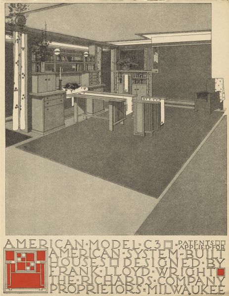 Black and red halftone print of the Model Home C3 interior perspective drawing. Frank Lloyd Wright outlined his vision of affordable housing. He asserted that the home would have to go to the factory, instead of the skilled labor coming to the building site. Between 1915 and 1917 Wright designed a series of standardized "system-built" homes, known today as the American System-Built Houses. By system-built, he did not mean pre-fabrication off-site, but rather a system that involved cutting the lumber and other materials in a mill or factory, then bringing them to the site for assembly. This system would save material waste and a substantial fraction of the wages paid to skilled tradesmen. Wright produced more than 900 working drawings and sketches of various designs for the system. Six examples were constructed, still standing, on West Burnham Street and Layton Boulevard in Milwaukee, Wisconsin. Other examples were constructed on scattered sites throughout the Midwest with a few yet to be discovered.

