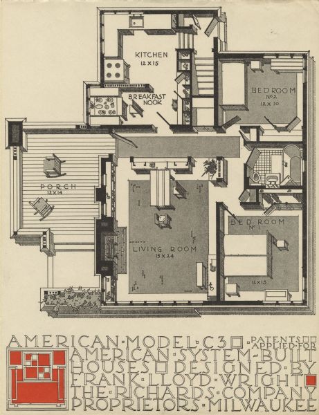 Black and red halftone print of the Model Home C3 floor plan perspective drawing. Frank Lloyd Wright outlined his vision of affordable housing. He asserted that the home would have to go to the factory, instead of the skilled labor coming to the building site. Between 1915 and 1917 Wright designed a series of standardized "system-built" homes, known today as the American System-Built Houses. By system-built, he did not mean pre-fabrication off-site, but rather a system that involved cutting the lumber and other materials in a mill or factory, then bringing them to the site for assembly. This system would save material waste and a substantial fraction of the wages paid to skilled tradesmen. Wright produced more than 900 working drawings and sketches of various designs for the system. Six examples were constructed, still standing, on West Burnham Street and Layton Boulevard in Milwaukee, Wisconsin. Other examples were constructed on scattered sites throughout the Midwest with a few yet to be discovered.

