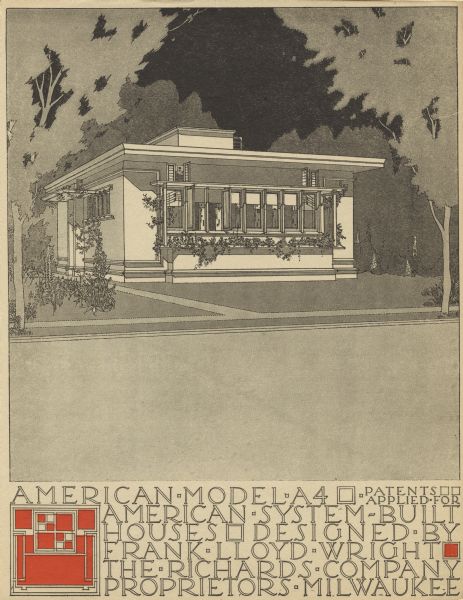 Black and red halftone print of the Model Home A4 exterior perspective drawing. Frank Lloyd Wright outlined his vision of affordable housing. He asserted that the home would have to go to the factory, instead of the skilled labor coming to the building site. Between 1915 and 1917 Wright designed a series of standardized "system-built" homes, known today as the American System-Built Houses. By system-built, he did not mean pre-fabrication off-site, but rather a system that involved cutting the lumber and other materials in a mill or factory, then bringing them to the site for assembly. This system would save material waste and a substantial fraction of the wages paid to skilled tradesmen. Wright produced more than 900 working drawings and sketches of various designs for the system. Six examples were constructed, still standing, on West Burnham Street and Layton Boulevard in Milwaukee, Wisconsin. Other examples were constructed on scattered sites throughout the Midwest with a few yet to be discovered.

