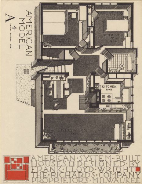 Black and red halftone print of the Model Home A4 floor plan perspective drawing. Frank Lloyd Wright outlined his vision of affordable housing. He asserted that the home would have to go to the factory, instead of the skilled labor coming to the building site. Between 1915 and 1917 Wright designed a series of standardized "system-built" homes, known today as the American System-Built Houses. By system-built, he did not mean pre-fabrication off-site, but rather a system that involved cutting the lumber and other materials in a mill or factory, then bringing them to the site for assembly. This system would save material waste and a substantial fraction of the wages paid to skilled tradesmen. Wright produced more than 900 working drawings and sketches of various designs for the system. Six examples were constructed, still standing, on West Burnham Street and Layton Boulevard in Milwaukee, Wisconsin. Other examples were constructed on scattered sites throughout the Midwest with a few yet to be discovered.


