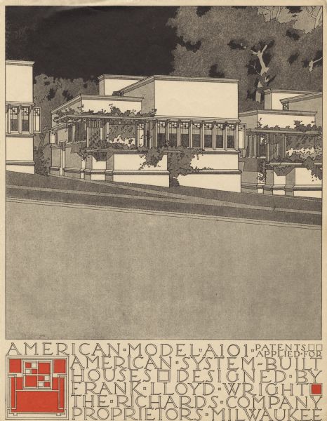 Black and red halftone print of the exterior perspective drawing for Model Home A101. Frank Lloyd Wright outlined his vision of affordable housing. He asserted that the home would have to go to the factory, instead of the skilled labor coming to the building site. Between 1915 and 1917 Wright designed a series of standardized "system-built" homes, known today as the American System-Built Houses. By system-built, he did not mean pre-fabrication off-site, but rather a system that involved cutting the lumber and other materials in a mill or factory, then bringing them to the site for assembly. This system would save material waste and a substantial fraction of the wages paid to skilled tradesmen. Wright produced more than 900 working drawings and sketches of various designs for the system. Six examples were constructed, still standing, on West Burnham Street and Layton Boulevard in Milwaukee, Wisconsin. Other examples were constructed on scattered sites throughout the Midwest with a few yet to be discovered.	