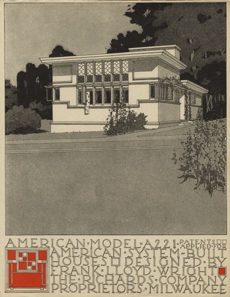 Black and red halftone print of a perspective drawing of Model Home A221. Frank Lloyd Wright outlined his vision of affordable housing. He asserted that the home would have to go to the factory, instead of the skilled labor coming to the building site. Between 1915 and 1917 Wright designed a series of standardized "system-built" homes, known today as the American System-Built Houses. By system-built, he did not mean pre-fabrication off-site, but rather a system that involved cutting the lumber and other materials in a mill or factory, then bringing them to the site for assembly. This system would save material waste and a substantial fraction of the wages paid to skilled tradesmen. Wright produced more than 900 working drawings and sketches of various designs for the system. Six examples were constructed, still standing, on West Burnham Street and Layton Boulevard in Milwaukee, Wisconsin. Other examples were constructed on scattered sites throughout the Midwest with a few yet to be discovered.