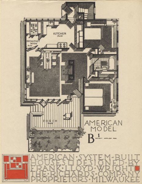 Black and red halftone print of the Model Home B1 interior perspective drawing. Frank Lloyd Wright outlined his vision of affordable housing. He asserted that the home would have to go to the factory, instead of the skilled labor coming to the building site. Between 1915 and 1917 Wright designed a series of standardized "system-built" homes, known today as the American System-Built Houses. By system-built, he did not mean pre-fabrication off-site, but rather a system that involved cutting the lumber and other materials in a mill or factory, then bringing them to the site for assembly. This system would save material waste and a substantial fraction of the wages paid to skilled tradesmen. Wright produced more than 900 working drawings and sketches of various designs for the system. Six examples were constructed, still standing, on West Burnham Street and Layton Boulevard in Milwaukee, Wisconsin. Other examples were constructed on scattered sites throughout the Midwest with a few yet to be discovered.

