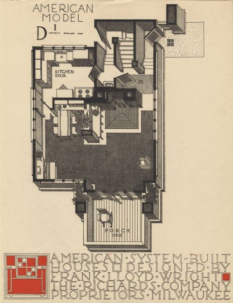 Black and red halftone print of the Model Home D1 floor plan perspective drawing. Frank Lloyd Wright outlined his vision of affordable housing. He asserted that the home would have to go to the factory, instead of the skilled labor coming to the building site. Between 1915 and 1917 Wright designed a series of standardized "system-built" homes, known today as the American System-Built Houses. By system-built, he did not mean pre-fabrication off-site, but rather a system that involved cutting the lumber and other materials in a mill or factory, then bringing them to the site for assembly. This system would save material waste and a substantial fraction of the wages paid to skilled tradesmen. Wright produced more than 900 working drawings and sketches of various designs for the system. Six examples were constructed, still standing, on West Burnham Street and Layton Boulevard in Milwaukee, Wisconsin. Other examples were constructed on scattered sites throughout the Midwest with a few yet to be discovered.

