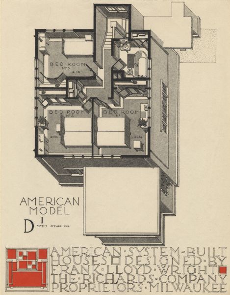 Black and red halftone print of the Model Home D1 floor plan perspective drawing. Frank Lloyd Wright outlined his vision of affordable housing. He asserted that the home would have to go to the factory, instead of the skilled labor coming to the building site. Between 1915 and 1917 Wright designed a series of standardized "system-built" homes, known today as the American System-Built Houses. By system-built, he did not mean pre-fabrication off-site, but rather a system that involved cutting the lumber and other materials in a mill or factory, then bringing them to the site for assembly. This system would save material waste and a substantial fraction of the wages paid to skilled tradesmen. Wright produced more than 900 working drawings and sketches of various designs for the system. Six examples were constructed, still standing, on West Burnham Street and Layton Boulevard in Milwaukee, Wisconsin. Other examples were constructed on scattered sites throughout the Midwest with a few yet to be discovered.

