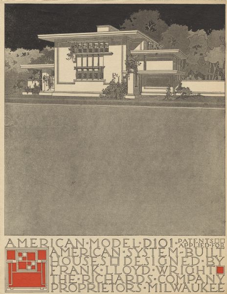 Black and red halftone print of the Model Home D101 perspective drawing. Frank Lloyd Wright outlined his vision of affordable housing. He asserted that the home would have to go to the factory, instead of the skilled labor coming to the building site. Between 1915 and 1917 Wright designed a series of standardized "system-built" homes, known today as the American System-Built Houses. By system-built, he did not mean pre-fabrication off-site, but rather a system that involved cutting the lumber and other materials in a mill or factory, then bringing them to the site for assembly. This system would save material waste and a substantial fraction of the wages paid to skilled tradesmen. Wright produced more than 900 working drawings and sketches of various designs for the system. Six examples were constructed, still standing, on West Burnham Street and Layton Boulevard in Milwaukee, Wisconsin. Other examples were constructed on scattered sites throughout the Midwest with a few yet to be discovered.

