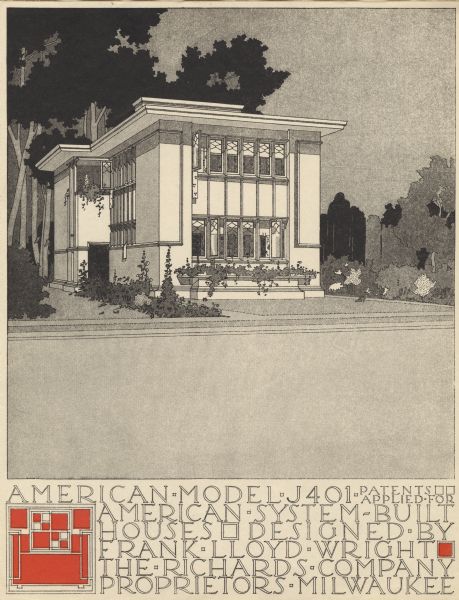 Black and red halftone print of the Model Home J401 perspective drawing. Frank Lloyd Wright outlined his vision of affordable housing. He asserted that the home would have to go to the factory, instead of the skilled labor coming to the building site. Between 1915 and 1917 Wright designed a series of standardized "system-built" homes, known today as the American System-Built Houses. By system-built, he did not mean pre-fabrication off-site, but rather a system that involved cutting the lumber and other materials in a mill or factory, then bringing them to the site for assembly. This system would save material waste and a substantial fraction of the wages paid to skilled tradesmen. Wright produced more than 900 working drawings and sketches of various designs for the system. Six examples were constructed, still standing, on West Burnham Street and Layton Boulevard in Milwaukee, Wisconsin. Other examples were constructed on scattered sites throughout the Midwest with a few yet to be discovered.


