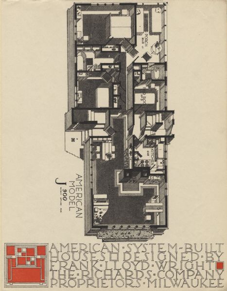 Black and red halftone print of a perspective floor plan for Model Home J900. Frank Lloyd Wright outlined his vision of affordable housing. He asserted that the home would have to go to the factory, instead of the skilled labor coming to the building site. Between 1915 and 1917 Wright designed a series of standardized "system-built" homes, known today as the American System-Built Houses. By system-built, he did not mean pre-fabrication off-site, but rather a system that involved cutting the lumber and other materials in a mill or factory, then bringing them to the site for assembly. This system would save material waste and a substantial fraction of the wages paid to skilled tradesmen. Wright produced more than 900 working drawings and sketches of various designs for the system. Six examples were constructed, still standing, on West Burnham Street and Layton Boulevard in Milwaukee, Wisconsin. Other examples were constructed on scattered sites throughout the Midwest with a few yet to be discovered.