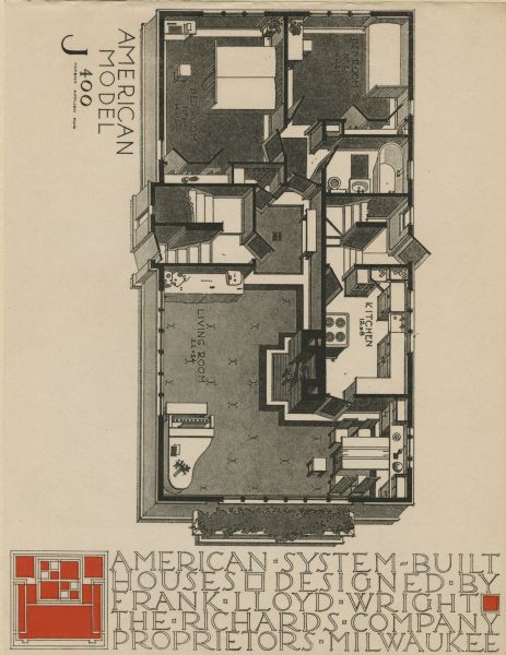 Black and red halftone print of the Model Home J400 floor plan perspective drawing. Frank Lloyd Wright outlined his vision of affordable housing. He asserted that the home would have to go to the factory, instead of the skilled labor coming to the building site. Between 1915 and 1917 Wright designed a series of standardized "system-built" homes, known today as the American System-Built Houses. By system-built, he did not mean pre-fabrication off-site, but rather a system that involved cutting the lumber and other materials in a mill or factory, then bringing them to the site for assembly. This system would save material waste and a substantial fraction of the wages paid to skilled tradesmen. Wright produced more than 900 working drawings and sketches of various designs for the system. Six examples were constructed, still standing, on West Burnham Street and Layton Boulevard in Milwaukee, Wisconsin. Other examples were constructed on scattered sites throughout the Midwest with a few yet to be discovered.

