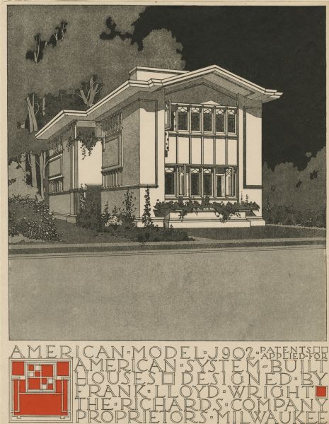 Black and red halftone print of the Model Home J902 perspective drawing. Frank Lloyd Wright outlined his vision of affordable housing. He asserted that the home would have to go to the factory, instead of the skilled labor coming to the building site. Between 1915 and 1917 Wright designed a series of standardized "system-built" homes, known today as the American System-Built Houses. By system-built, he did not mean pre-fabrication off-site, but rather a system that involved cutting the lumber and other materials in a mill or factory, then bringing them to the site for assembly. This system would save material waste and a substantial fraction of the wages paid to skilled tradesmen. Wright produced more than 900 working drawings and sketches of various designs for the system. Six examples were constructed, still standing, on West Burnham Street and Layton Boulevard in Milwaukee, Wisconsin. Other examples were constructed on scattered sites throughout the Midwest with a few yet to be discovered.