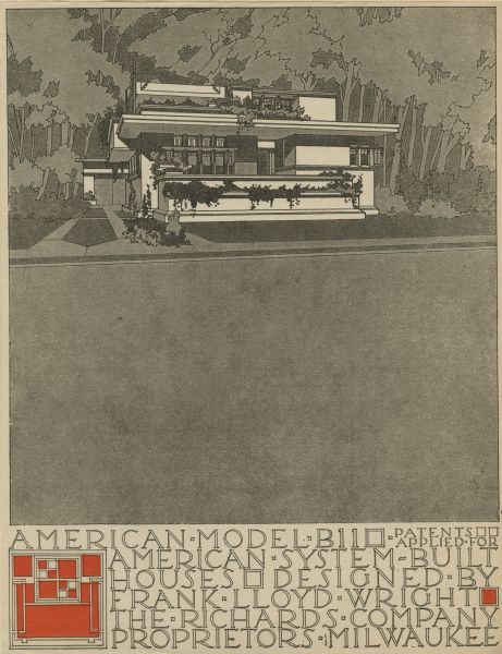 Black and red halftone print of the Model Home B11 perspective drawing. Frank Lloyd Wright outlined his vision of affordable housing. He asserted that the home would have to go to the factory, instead of the skilled labor coming to the building site. Between 1915 and 1917 Wright designed a series of standardized "system-built" homes, known today as the American System-Built Houses. By system-built, he did not mean pre-fabrication off-site, but rather a system that involved cutting the lumber and other materials in a mill or factory, then bringing them to the site for assembly. This system would save material waste and a substantial fraction of the wages paid to skilled tradesmen. Wright produced more than 900 working drawings and sketches of various designs for the system. Six examples were constructed, still standing, on West Burnham Street and Layton Boulevard in Milwaukee, Wisconsin. Other examples were constructed on scattered sites throughout the Midwest with a few yet to be discovered.

