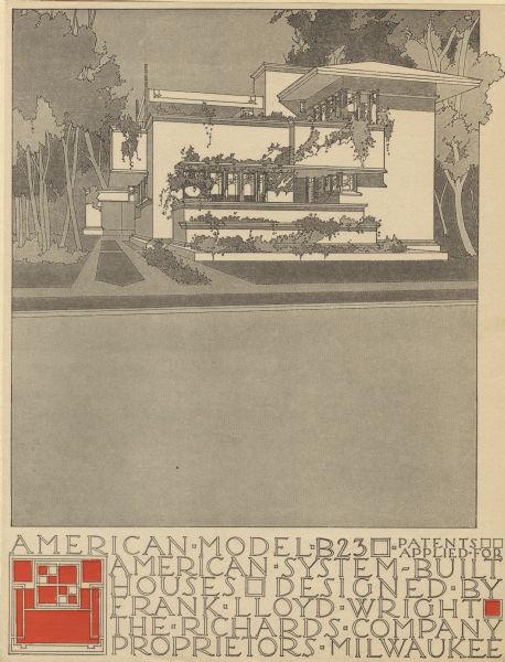 Black and red halftone print of a perspective drawing of Model Home B23. Frank Lloyd Wright outlined his vision of affordable housing. He asserted that the home would have to go to the factory, instead of the skilled labor coming to the building site. Between 1915 and 1917 Wright designed a series of standardized "system-built" homes, known today as the American System-Built Houses. By system-built, he did not mean pre-fabrication off-site, but rather a system that involved cutting the lumber and other materials in a mill or factory, then bringing them to the site for assembly. This system would save material waste and a substantial fraction of the wages paid to skilled tradesmen. Wright produced more than 900 working drawings and sketches of various designs for the system. Six examples were constructed, still standing, on West Burnham Street and Layton Boulevard in Milwaukee, Wisconsin. Other examples were constructed on scattered sites throughout the Midwest with a few yet to be discovered.

