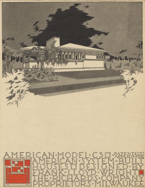 Black and red halftone print of the Model Home C3 perspective drawing. Frank Lloyd Wright outlined his vision of affordable housing. He asserted that the home would have to go to the factory, instead of the skilled labor coming to the building site. Between 1915 and 1917 Wright designed a series of standardized "system-built" homes, known today as the American System-Built Houses. By system-built, he did not mean pre-fabrication off-site, but rather a system that involved cutting the lumber and other materials in a mill or factory, then bringing them to the site for assembly. This system would save material waste and a substantial fraction of the wages paid to skilled tradesmen. Wright produced more than 900 working drawings and sketches of various designs for the system. Six examples were constructed, still standing, on West Burnham Street and Layton Boulevard in Milwaukee, Wisconsin. Other examples were constructed on scattered sites throughout the Midwest with a few yet to be discovered.
