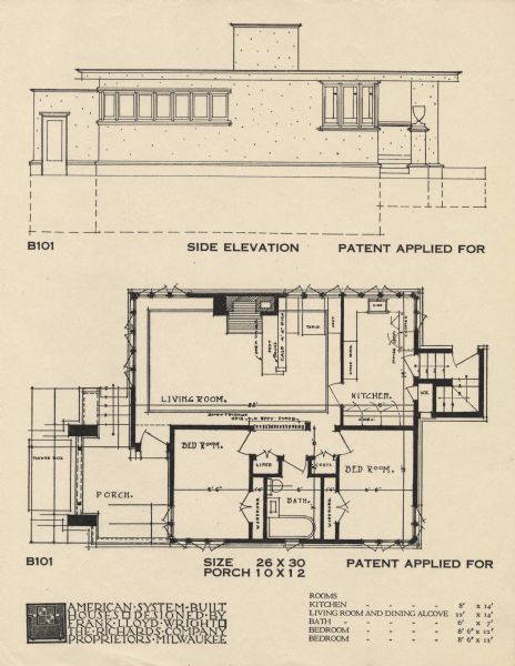 Halftone print of the Model Home B101 floor plan and side elevation. Frank Lloyd Wright outlined his vision of affordable housing. He asserted that the home would have to go to the factory, instead of the skilled labor coming to the building site. Between 1915 and 1917 Wright designed a series of standardized "system-built" homes, known today as the American System-Built Houses. By system-built, he did not mean pre-fabrication off-site, but rather a system that involved cutting the lumber and other materials in a mill or factory, then bringing them to the site for assembly. This system would save material waste and a substantial fraction of the wages paid to skilled tradesmen. Wright produced more than 900 working drawings and sketches of various designs for the system. Six examples were constructed, still standing, on West Burnham Street and Layton Boulevard in Milwaukee, Wisconsin. Other examples were constructed on scattered sites throughout the Midwest with a few yet to be discovered.


