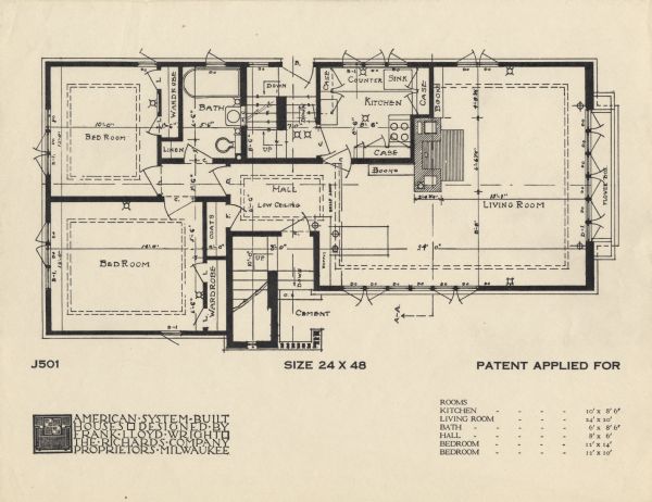 Halftone print of the Model Home J501 floor plan. Frank Lloyd Wright outlined his vision of affordable housing. He asserted that the home would have to go to the factory, instead of the skilled labor coming to the building site. Between 1915 and 1917 Wright designed a series of standardized "system-built" homes, known today as the American System-Built Houses. By system-built, he did not mean pre-fabrication off-site, but rather a system that involved cutting the lumber and other materials in a mill or factory, then bringing them to the site for assembly. This system would save material waste and a substantial fraction of the wages paid to skilled tradesmen. Wright produced more than 900 working drawings and sketches of various designs for the system. Six examples were constructed, still standing, on West Burnham Street and Layton Boulevard in Milwaukee, Wisconsin. Other examples were constructed on scattered sites throughout the Midwest with a few yet to be discovered.

