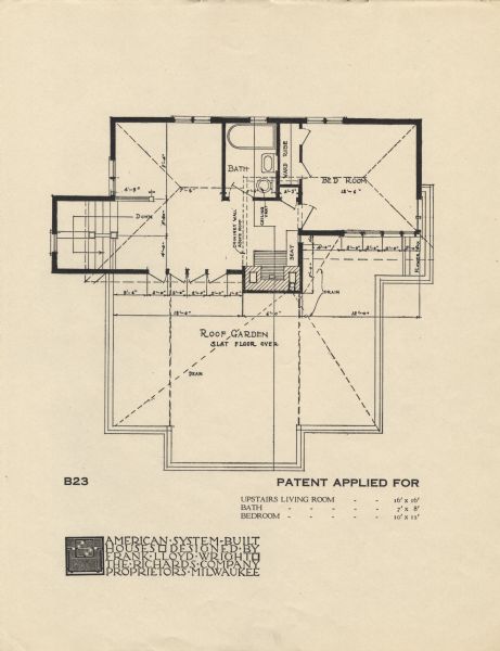 Halftone print of the Model Home B23 floor plan. Frank Lloyd Wright outlined his vision of affordable housing. He asserted that the home would have to go to the factory, instead of the skilled labor coming to the building site. Between 1915 and 1917 Wright designed a series of standardized "system-built" homes, known today as the American System-Built Houses. By system-built, he did not mean pre-fabrication off-site, but rather a system that involved cutting the lumber and other materials in a mill or factory, then bringing them to the site for assembly. This system would save material waste and a substantial fraction of the wages paid to skilled tradesmen. Wright produced more than 900 working drawings and sketches of various designs for the system. Six examples were constructed, still standing, on West Burnham Street and Layton Boulevard in Milwaukee, Wisconsin. Other examples were constructed on scattered sites throughout the Midwest with a few yet to be discovered.

