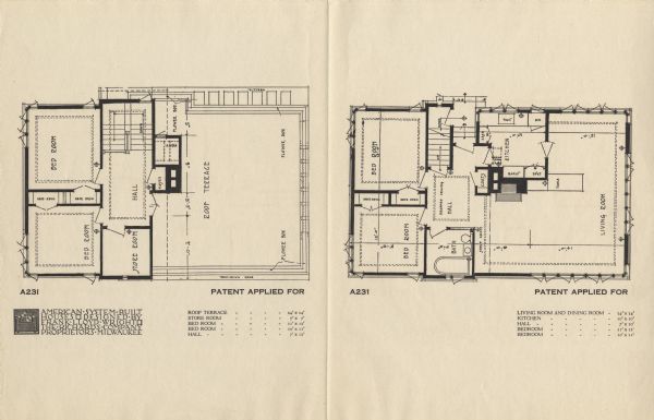 Halftone print of the Model Home A231 floor plan, first and second floors. Frank Lloyd Wright outlined his vision of affordable housing. He asserted that the home would have to go to the factory, instead of the skilled labor coming to the building site. Between 1915 and 1917 Wright designed a series of standardized "system-built" homes, known today as the American System-Built Houses. By system-built, he did not mean pre-fabrication off-site, but rather a system that involved cutting the lumber and other materials in a mill or factory, then bringing them to the site for assembly. This system would save material waste and a substantial fraction of the wages paid to skilled tradesmen. Wright produced more than 900 working drawings and sketches of various designs for the system. Six examples were constructed, still standing, on West Burnham Street and Layton Boulevard in Milwaukee, Wisconsin. Other examples were constructed on scattered sites throughout the Midwest with a few yet to be discovered.

