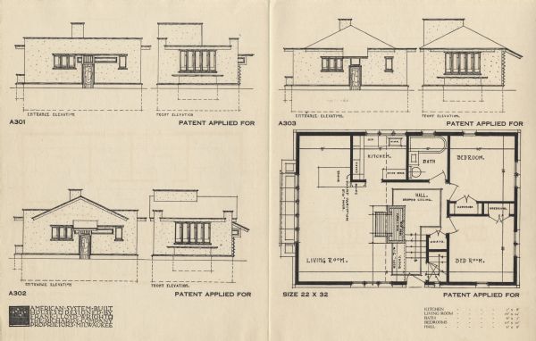 Halftone print of the Model Homes A301, A302 and A303 floor plans and entrance and front elevations. Frank Lloyd Wright outlined his vision of affordable housing. He asserted that the home would have to go to the factory, instead of the skilled labor coming to the building site. Between 1915 and 1917 Wright designed a series of standardized "system-built" homes, known today as the American System-Built Houses. By system-built, he did not mean pre-fabrication off-site, but rather a system that involved cutting the lumber and other materials in a mill or factory, then bringing them to the site for assembly. This system would save material waste and a substantial fraction of the wages paid to skilled tradesmen. Wright produced more than 900 working drawings and sketches of various designs for the system. Six examples were constructed, still standing, on West Burnham Street and Layton Boulevard in Milwaukee, Wisconsin. Other examples were constructed on scattered sites throughout the Midwest with a few yet to be discovered.  