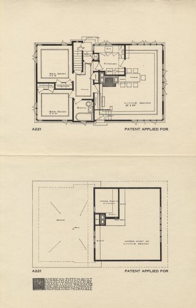Halftone print of the Model Home A221 floor plan, first and second floors. Frank Lloyd Wright outlined his vision of affordable housing. He asserted that the home would have to go to the factory, instead of the skilled labor coming to the building site. Between 1915 and 1917 Wright designed a series of standardized "system-built" homes, known today as the American System-Built Houses. By system-built, he did not mean pre-fabrication off-site, but rather a system that involved cutting the lumber and other materials in a mill or factory, then bringing them to the site for assembly. This system would save material waste and a substantial fraction of the wages paid to skilled tradesmen. Wright produced more than 900 working drawings and sketches of various designs for the system. Six examples were constructed, still standing, on West Burnham Street and Layton Boulevard in Milwaukee, Wisconsin. Other examples were constructed on scattered sites throughout the Midwest with a few yet to be discovered.

