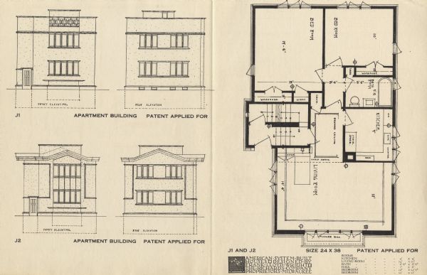 Halftone print of the Models J1 and J2 apartment floor plan and front and rear elevations. Frank Lloyd Wright outlined his vision of affordable housing. He asserted that the home would have to go to the factory, instead of the skilled labor coming to the building site. Between 1915 and 1917 Wright designed a series of standardized "system-built" homes, known today as the American System-Built Houses. By system-built, he did not mean pre-fabrication off-site, but rather a system that involved cutting the lumber and other materials in a mill or factory, then bringing them to the site for assembly. This system would save material waste and a substantial fraction of the wages paid to skilled tradesmen. Wright produced more than 900 working drawings and sketches of various designs for the system. Six examples were constructed, still standing, on West Burnham Street and Layton Boulevard in Milwaukee, Wisconsin. Other examples were constructed on scattered sites throughout the Midwest with a few yet to be discovered.

