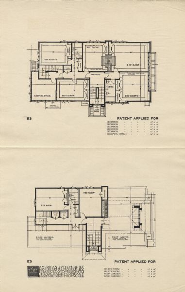 Halftone print of the Model Home E3 floor plan, first and second floors. Frank Lloyd Wright outlined his vision of affordable housing. He asserted that the home would have to go to the factory, instead of the skilled labor coming to the building site. Between 1915 and 1917 Wright designed a series of standardized "system-built" homes, known today as the American System-Built Houses. By system-built, he did not mean pre-fabrication off-site, but rather a system that involved cutting the lumber and other materials in a mill or factory, then bringing them to the site for assembly. This system would save material waste and a substantial fraction of the wages paid to skilled tradesmen. Wright produced more than 900 working drawings and sketches of various designs for the system. Six examples were constructed, still standing, on West Burnham Street and Layton Boulevard in Milwaukee, Wisconsin. Other examples were constructed on scattered sites throughout the Midwest with a few yet to be discovered.

