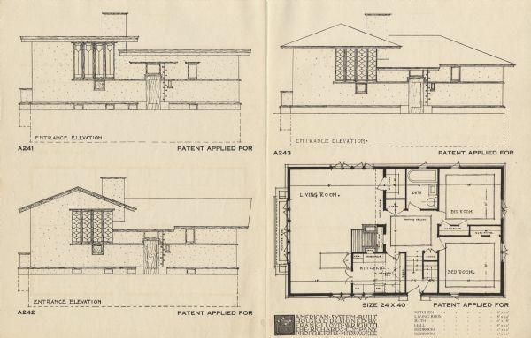 Halftone print of the Model Homes A241, A242 and A243 floor plans and entrance elevations. Frank Lloyd Wright outlined his vision of affordable housing. He asserted that the home would have to go to the factory, instead of the skilled labor coming to the building site. Between 1915 and 1917 Wright designed a series of standardized "system-built" homes, known today as the American System-Built Houses. By system-built, he did not mean pre-fabrication off-site, but rather a system that involved cutting the lumber and other materials in a mill or factory, then bringing them to the site for assembly. This system would save material waste and a substantial fraction of the wages paid to skilled tradesmen. Wright produced more than 900 working drawings and sketches of various designs for the system. Six examples were constructed, still standing, on West Burnham Street and Layton Boulevard in Milwaukee, Wisconsin. Other examples were constructed on scattered sites throughout the Midwest with a few yet to be discovered.

