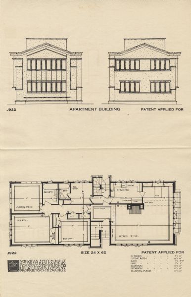 Halftone print of the Model J922 apartment floor plan and side elevations. Frank Lloyd Wright outlined his vision of affordable housing. He asserted that the home would have to go to the factory, instead of the skilled labor coming to the building site. Between 1915 and 1917 Wright designed a series of standardized "system-built" homes, known today as the American System-Built Houses. By system-built, he did not mean pre-fabrication off-site, but rather a system that involved cutting the lumber and other materials in a mill or factory, then bringing them to the site for assembly. This system would save material waste and a substantial fraction of the wages paid to skilled tradesmen. Wright produced more than 900 working drawings and sketches of various designs for the system. Six examples were constructed, still standing, on West Burnham Street and Layton Boulevard in Milwaukee, Wisconsin. Other examples were constructed on scattered sites throughout the Midwest with a few yet to be discovered.


