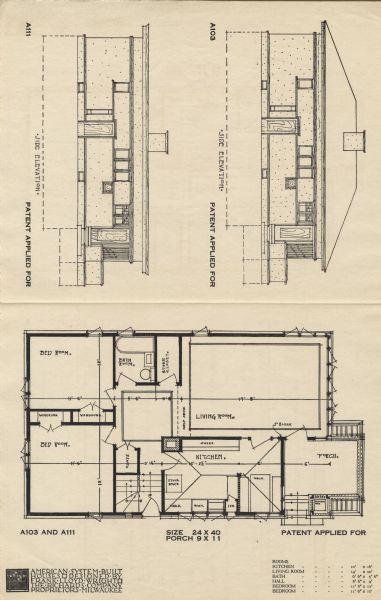 Halftone print of the Model Homes A103 and A111 floor plans and side elevations. Frank Lloyd Wright outlined his vision of affordable housing. He asserted that the home would have to go to the factory, instead of the skilled labor coming to the building site. Between 1915 and 1917 Wright designed a series of standardized "system-built" homes, known today as the American System-Built Houses. By system-built, he did not mean pre-fabrication off-site, but rather a system that involved cutting the lumber and other materials in a mill or factory, then bringing them to the site for assembly. This system would save material waste and a substantial fraction of the wages paid to skilled tradesmen. Wright produced more than 900 working drawings and sketches of various designs for the system. Six examples were constructed, still standing, on West Burnham Street and Layton Boulevard in Milwaukee, Wisconsin. Other examples were constructed on scattered sites throughout the Midwest with a few yet to be discovered.

