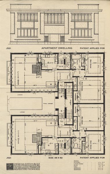 Halftone print of the Model J521 apartment floor plan and entrance elevation. Frank Lloyd Wright outlined his vision of affordable housing. He asserted that the home would have to go to the factory, instead of the skilled labor coming to the building site. Between 1915 and 1917 Wright designed a series of standardized "system-built" homes, known today as the American System-Built Houses. By system-built, he did not mean pre-fabrication off-site, but rather a system that involved cutting the lumber and other materials in a mill or factory, then bringing them to the site for assembly. This system would save material waste and a substantial fraction of the wages paid to skilled tradesmen. Wright produced more than 900 working drawings and sketches of various designs for the system. Six examples were constructed, still standing, on West Burnham Street and Layton Boulevard in Milwaukee, Wisconsin. Other examples were constructed on scattered sites throughout the Midwest with a few yet to be discovered.

