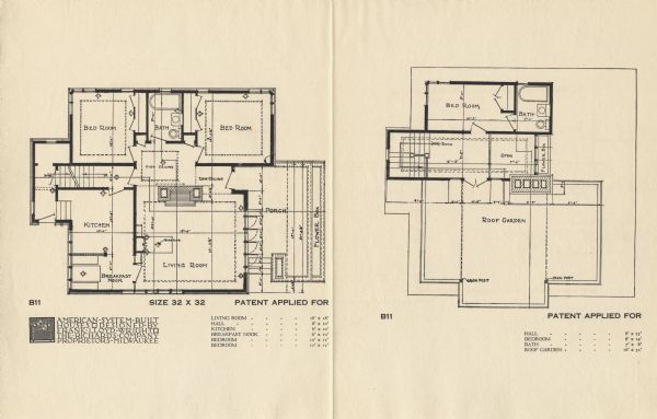 Halftone print of the Model Home B11 floor plan, first and second floors. Frank Lloyd Wright outlined his vision of affordable housing. He asserted that the home would have to go to the factory, instead of the skilled labor coming to the building site. Between 1915 and 1917 Wright designed a series of standardized "system-built" homes, known today as the American System-Built Houses. By system-built, he did not mean pre-fabrication off-site, but rather a system that involved cutting the lumber and other materials in a mill or factory, then bringing them to the site for assembly. This system would save material waste and a substantial fraction of the wages paid to skilled tradesmen. Wright produced more than 900 working drawings and sketches of various designs for the system. Six examples were constructed, still standing, on West Burnham Street and Layton Boulevard in Milwaukee, Wisconsin. Other examples were constructed on scattered sites throughout the Midwest with a few yet to be discovered.

