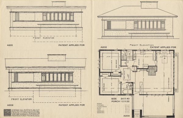 Halftone print of the Model Homes A201, A202 and A203 floor plans and front elevations. Frank Lloyd Wright outlined his vision of affordable housing. He asserted that the home would have to go to the factory, instead of the skilled labor coming to the building site. Between 1915 and 1917 Wright designed a series of standardized "system-built" homes, known today as the American System-Built Houses. By system-built, he did not mean pre-fabrication off-site, but rather a system that involved cutting the lumber and other materials in a mill or factory, then bringing them to the site for assembly. This system would save material waste and a substantial fraction of the wages paid to skilled tradesmen. Wright produced more than 900 working drawings and sketches of various designs for the system. Six examples were constructed, still standing, on West Burnham Street and Layton Boulevard in Milwaukee, Wisconsin. Other examples were constructed on scattered sites throughout the Midwest with a few yet to be discovered.

