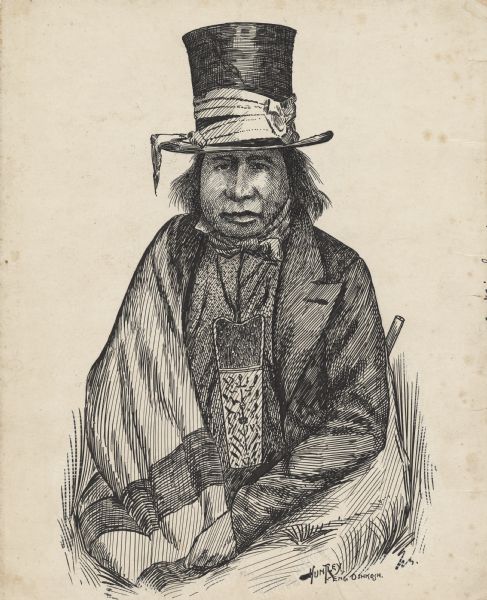 Waist-up pen and ink drawing of Chief Oshkosh. He is wearing a top hat wrapped with a ribbon. He wears a suitcoat, bowtie, beaded neckpouch and a blanket wrapped around his shoulders.