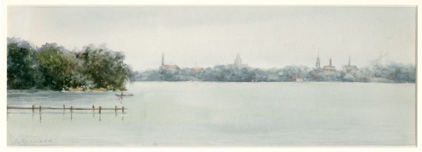 Watercolor painting of Lake Monona from asylum grounds or Governor's Island. On the far shoreline is Madison and the Wisconsin State Capitol.