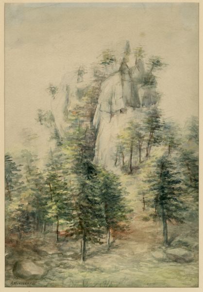 Watercolor painting of Mill Bluff, now part of Mill Bluff State Park.