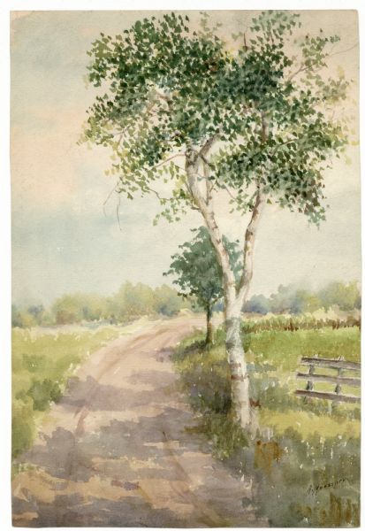 Watercolor painting of a birch tree and another tree growing along an unpaved road. A fence is on the right.