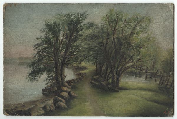 Oil painting of a double row of willow trees on University Bay Drive. A trail winds between them. Boulders line the shore of Lake Mendota on the left. A tumbledown fence reflects in a pond on the right.
