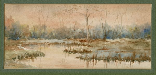 Watercolor painting of the Yahara River at Lake Monona, with trees in the background and wetlands in the foreground.