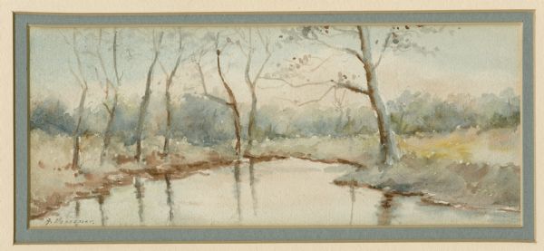 Watercolor painting of the Yahara River in winter near Lake Monona. The trees are reflected in the ice.