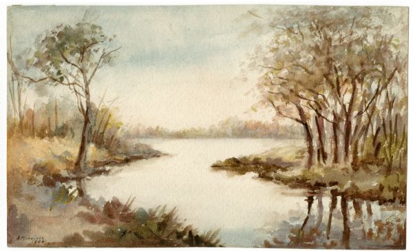 Watercolor painting of the Yahara River, with large trees on the shoreline.<p>Note: '05 & '06 were the years when Tenney Park and the Yahara River Parkway were being developed.</p>