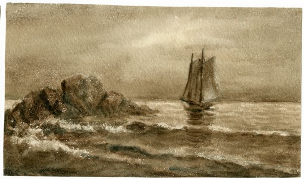 Watercolor painting of a sailing ship on a sea or ocean. A large rock formation is on the left.